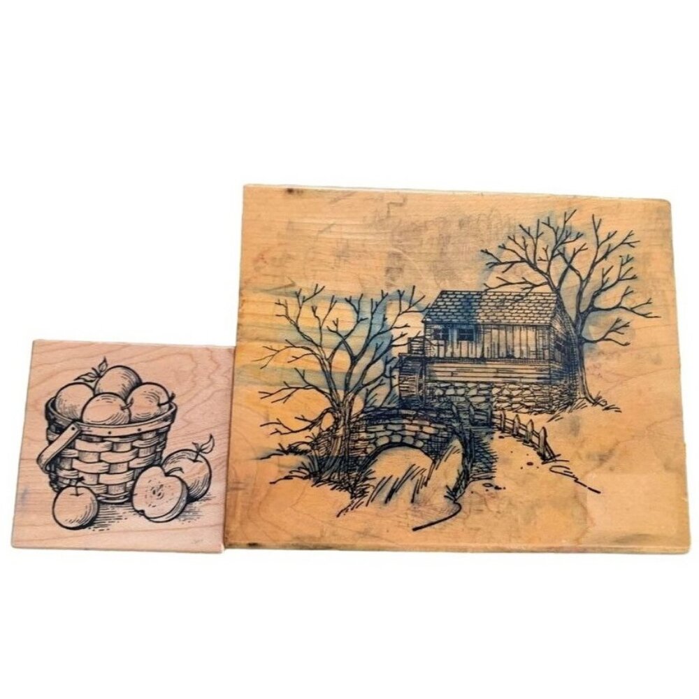 Wooden Rubber Stamp Lot Rural Cabin Scene & Fruit Basket Craft Supplies